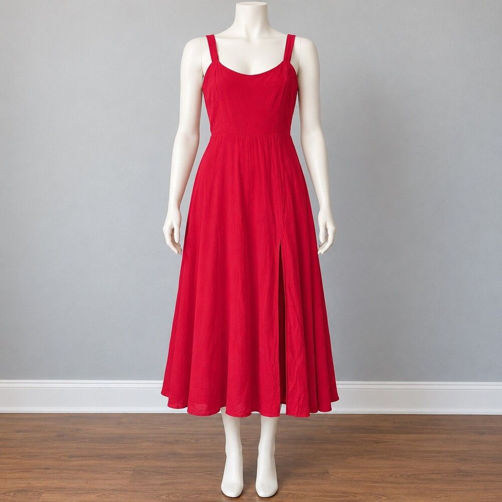 Lucy Paris Women’s M Red Rayon Midi Maxi Dress Smocked Back Fit Flare